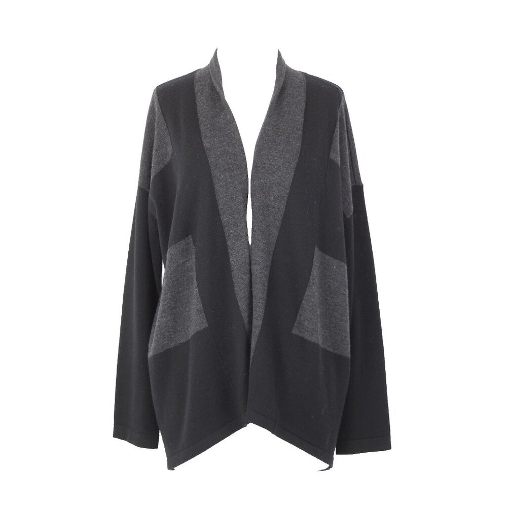 Eileen Fisher Petite Sz LP Black Gray Color Block 100% Merino Wool Wrap Sweater